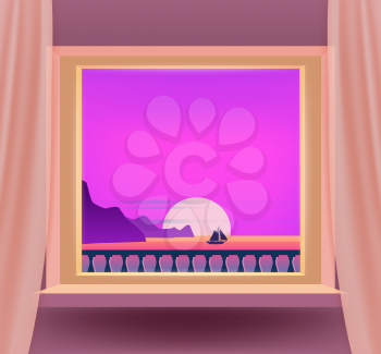 Open window interior home with a sunset sea ocean landscape, seascape view nature, sailboat, tropical. Tropic summer landscape from view the window with curtains. Vector illustration flat cartoon style