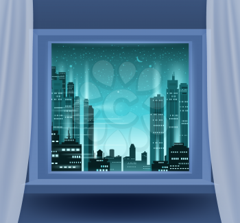Open window interior home with a night cityscape, city view, street skyscrapers, buildings. Night light mood landscape from view the window with curtains. Vector illustration flat cartoon style