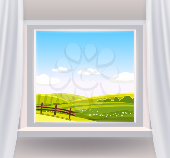 Open window interior home with a rural landscape view nature. Country spring summer landscape from view the window of green meadow fields panorama. Vector illustration flat cartoon style