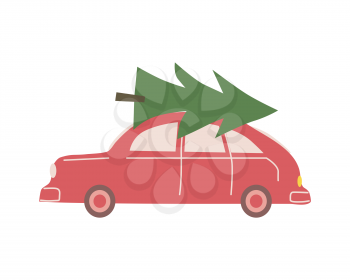 Christmas car toy delivery christmas tree, retro, vintage. Vector illustration cartoon flat style isolated