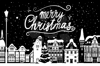 Vintage banner Merry Christmas, winter Europe old town cityscape. Urban landscape greeting card. Vector illustration cartoon retro style isolated