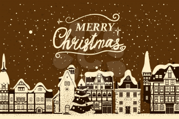 Vintage banner Merry Christmas, winter Europe old town cityscape. Urban landscape greeting card. Vector illustration cartoon retro style isolated
