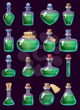 Set of Bottles liquid potion magic elixir colorful . Game icon GUI for app games user interface. Vector illstration