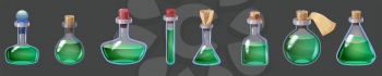 Set of Bottles magic liquid potion fantasy elixir. Game icon GUI for app games user interface. Vector illstration