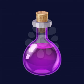 Bottle with liquid violet potion magic elixir game icon GUI. Vector illstration for app games user interface