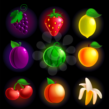 Fruit machine slot icons set. Classic collection symbol for games gambling, mobile app. Vector illustration cartoon style isolated on dark background