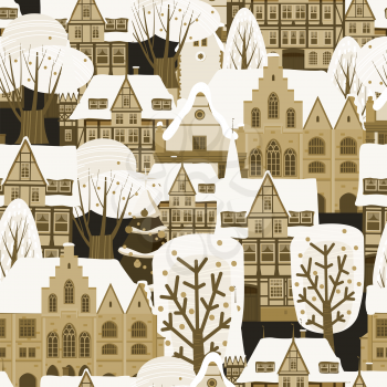 Christmas City Winter seamless pattern. European old architecture , houses trees snow. Vector illustration flat style isolated