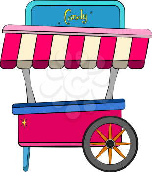 A colorful cart of bright red blue pink color with black & yellow wheel it has a signboard mentioning candy vector color drawing or illustration 