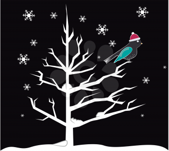 A bird with Santa hat is sitting on branch of a tree during a snowy night vector color drawing or illustration 