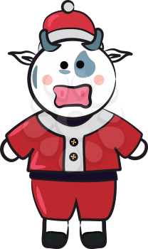 A cow is dressed in Santa Claus themed Christmas dress vector color drawing or illustration 