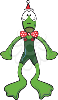 A green frog is wearing red ribbon & Santa hat during Christmas vector color drawing or illustration 