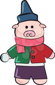 Pig dressed for Christmas with red & green sweater blue cap & red scarf vector color drawing or illustration 
