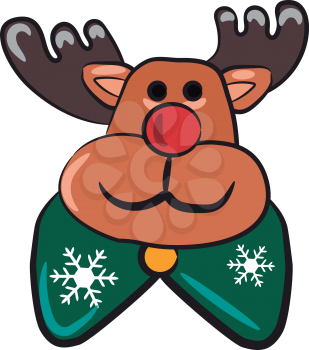 Red nosed reindeer decoration with green bow tie decorated with snow flakes vector color drawing or illustration 