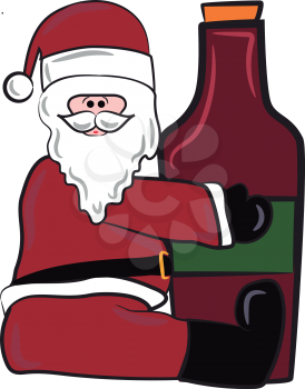 Santa Claus with a unopened bottle of red wine vector color drawing or illustration 