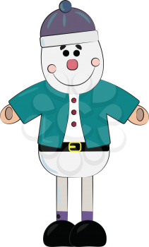 A snowman with blue scarf pink socks is holding sugar candy stick in hand vector color drawing or illustration 