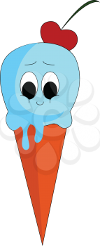 Blue icecream face in an orange cone with a red cherry on top vector illustration on white background.