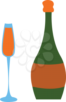 Full champagne glass and green champagne bottle vector illustration on white background.
