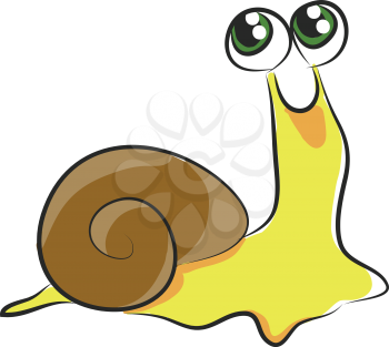 Yellow snail with green eyes vector illustration on white background.