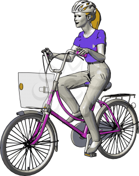 A girl is enjoying riding bicycle which has two wheels She wears helmet for safety bicycle has one basket in front side to keep some essentials It is a very good exercise or physical activity vector color drawing or illustration