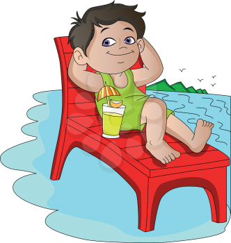 Vector illustration of boy with cocktail drink relaxing on deckchair at beach.