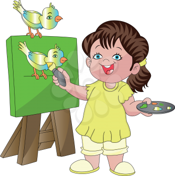 Vector illustration of pretty girl painting bird on canvas.
