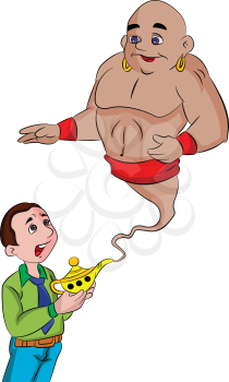 Man Summoning a Genie From a Magic Lamp, vector illustration