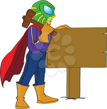 Superhero Hammering a Sign Post to the Ground, vector illustration