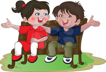 Vector illustration of happy teenage couple sitting on park bench.
