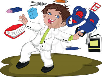 Vector illustration of boy with schoolbag and other accessories flying in air.