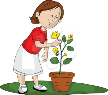 Vector illustration of girl picking up yellow flower from flower pot.