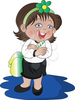 Vector illustration of girl with schoolbag smiling.