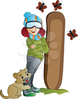 Young Woman Snowboarder with Cat and Butterflies, vector illustration