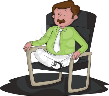 Vector illustration of worried businessman sitting with legs crossed on chair.