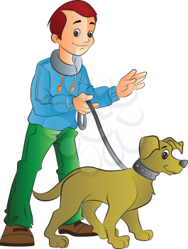 Young Man Walking a Dog, vector illustration