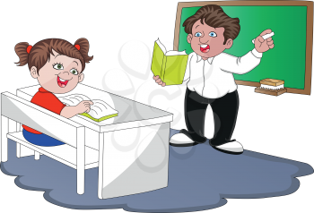 Vector illustration of teacher teaching student in classroom.