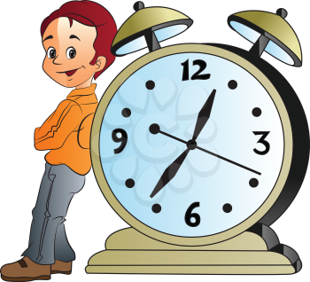 Young Man Leaning on a Giant Alarm Clock, vector illustration
