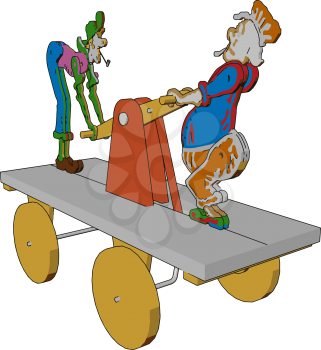 An unique type of toy on which two jokers are there with holding a pulley handle vector color drawing or illustration