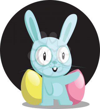 Blue bunny with blue and pink egg in front of black circle illustration web vector on white background