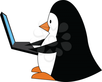 Black and white penguine with a laptop vector illustration on white background 