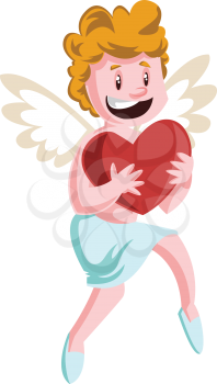 Cupid holding a big red heart vector illustration on white background.