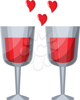 Two wine glasses with red liquid and red hearts vector illustration on white background.