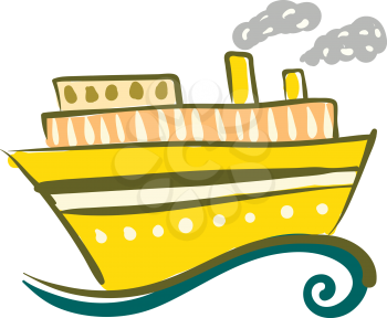 A yellow steam ship with windows is travelling on the sea vector color drawing or illustration 