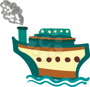 Painting of a brown and blue steam boat ship floating in the water vector color drawing or illustration 