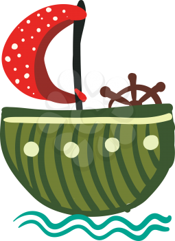 Green round boat with red polka dot sail and steering wheel vector color drawing or illustration 