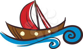 Painting of a wooden sailing boat with red sail in blue water vector color drawing or illustration 