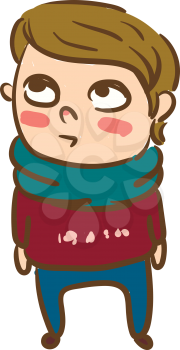 A boy wearing red designer sweater blue pants and neck scarf is looking at the sky vector color drawing or illustration 