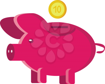 A pink piggy bank with a dropping coin value of ten in the background depicting investment vector color drawing or illustration 