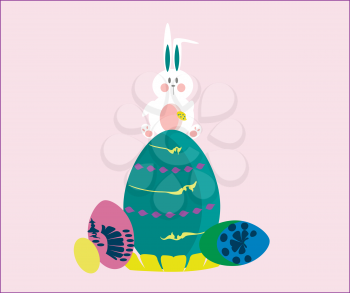 Easter bunny decoration over the colorful easter eggs vector color drawing or illustration 