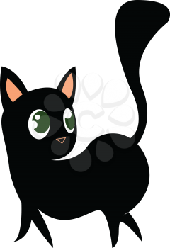 A black kitten with round eyes and long tail is looking at something vector color drawing or illustration 