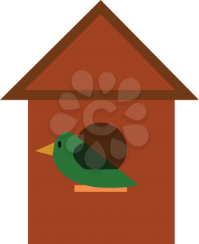 A green bird is sitting in front of a brown wooden nesting box vector color drawing or illustration 